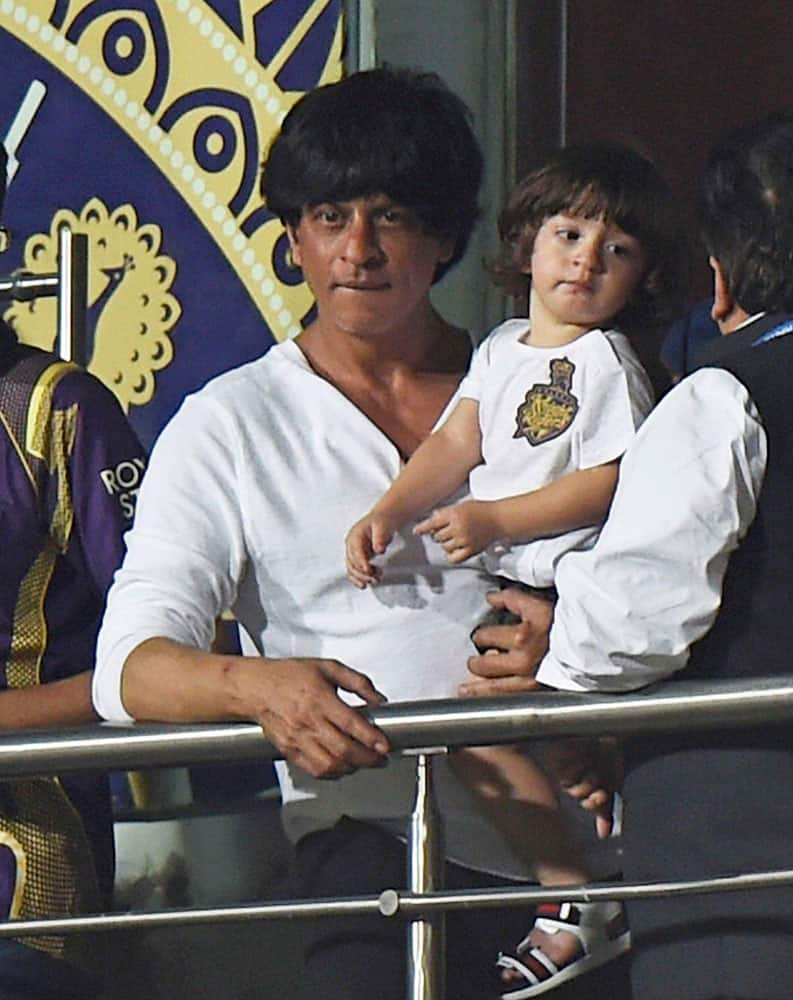 KKR owner Bollywood actor Shah Rukh Khan cheers his team during IPL 2015 first match against Mumbai Indians at Eden Garden in Kolkata.