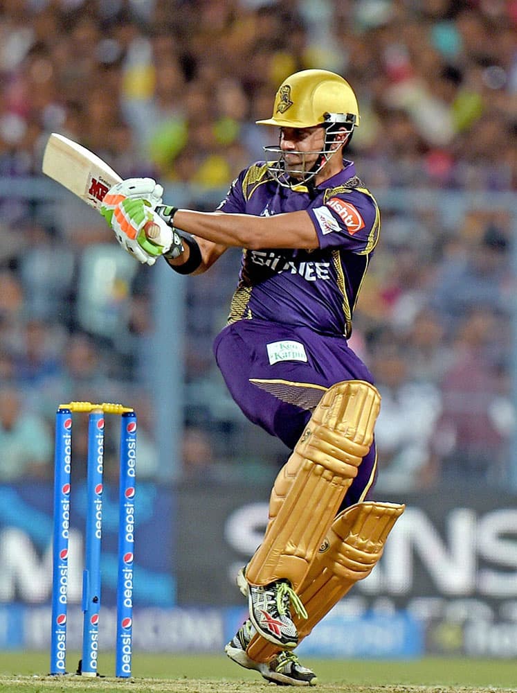 KKR Captain Gautam Gambhir plays a shot during their IPL-2015 match against Mumbai Indians at Eden Garden in Kolkata.