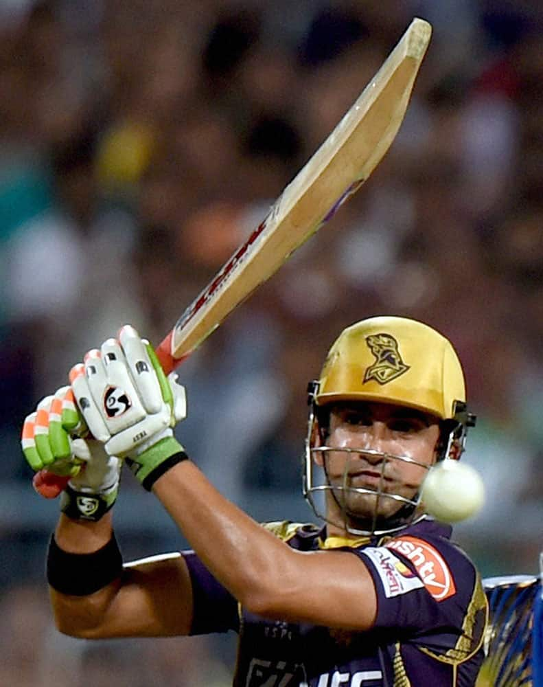 KKR Captain Gautam Gambhir plays a shot during their IPL-2015 match against Mumbai Indians at Eden Garden in Kolkata.