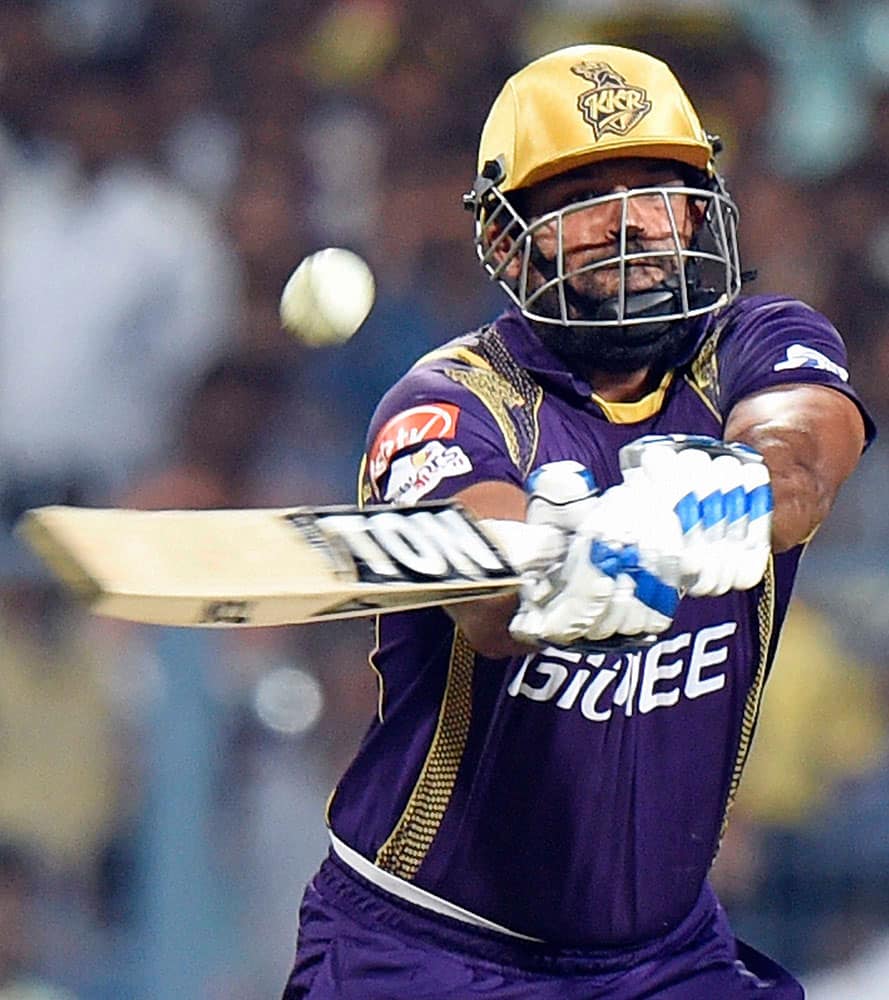  KKR batsman Yusuf Pathan plays a shot during their IPL-2015 match against Mumbai Indians at Eden Garden in Kolkata.