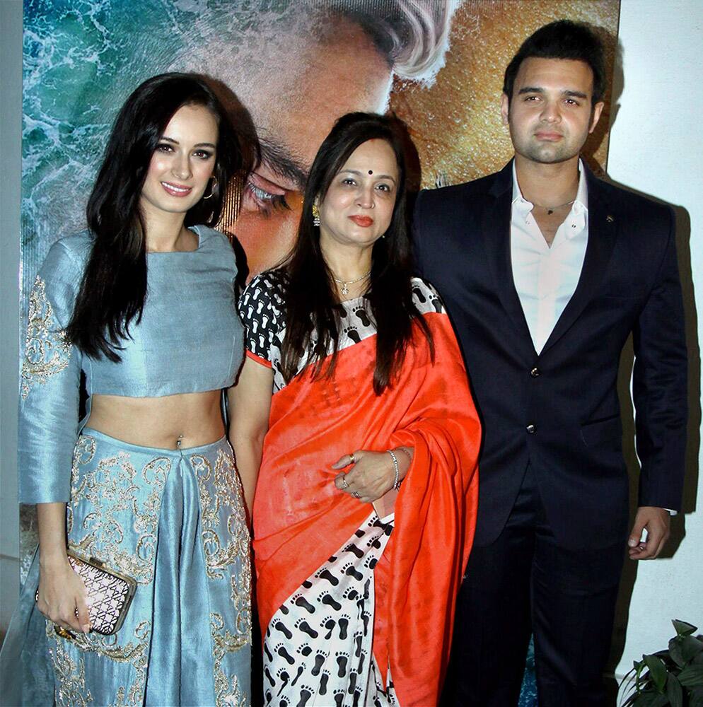 Bollywood actors Evelyn Sharma, Smita Thackeray and Mahaakshay Chakraborty during the trailer launch of film Ishqedarriyaan in Mumbai.