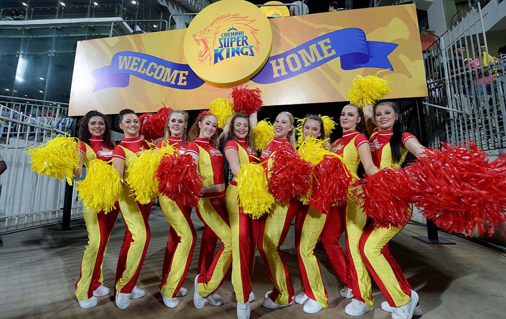 CSK cheerleaders perform during the IPL-2015 match against Delhi Daredevils at MAC Stadium in Chennai.