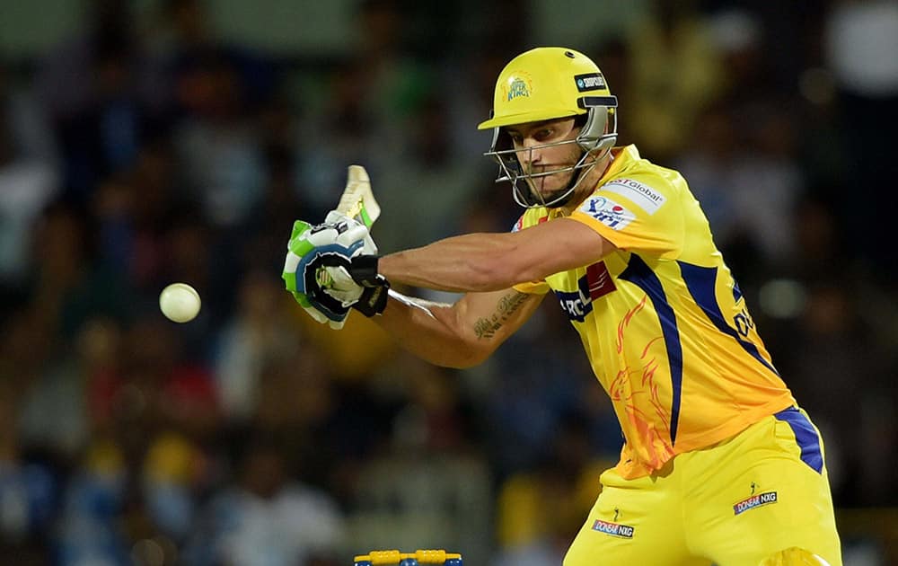 Chennai Super Kings’ player Faf du Plessis plays a shot during their IPL-2015 match against Delhi Daredevils at MAC Stadium in Chennai.