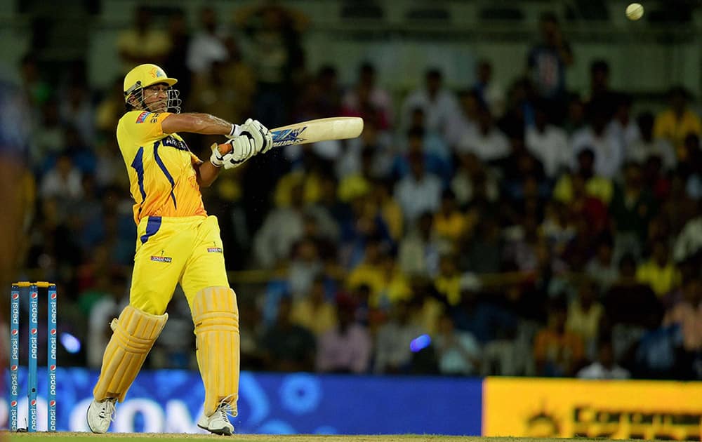 Chennai Super Kings’ Skipper MS Dhoni plays a shot during their IPL-2015 match against Delhi Daredevils at MAC Stadium in Chennai.