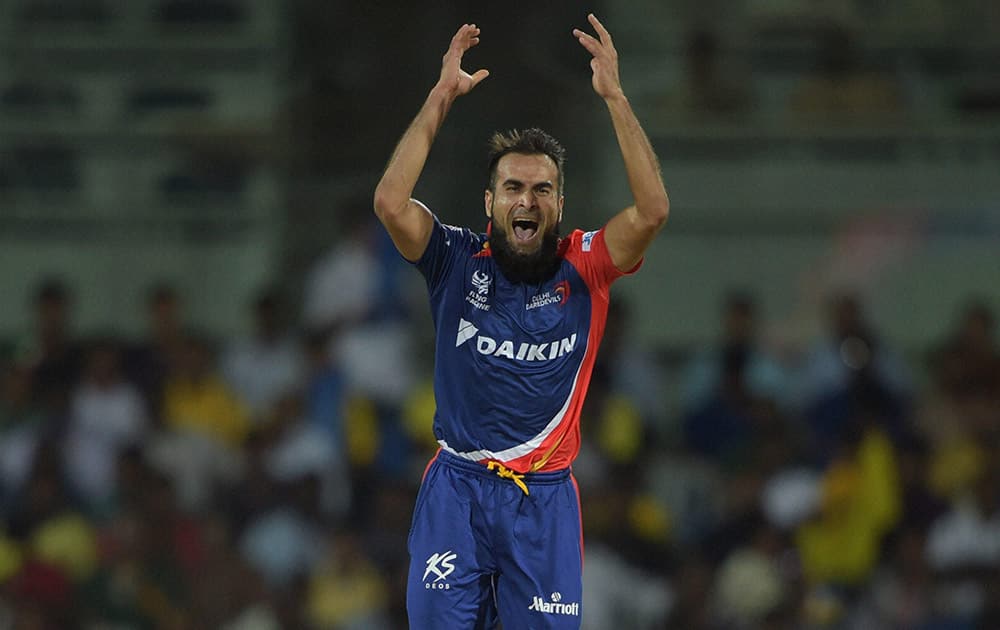 Delhi Daredevils Imran Tahir celebrates after dismissing of Chennai Super Kings’ Dwayne Smith during their IPL-2015 match.