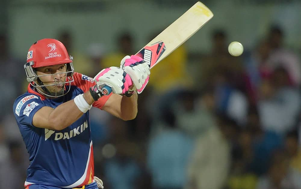 Delhi Daredevils Yuvraj Singh plays a shot during their IPL-2015 match against Chennai Super Kings at MAC Stadium in Chennai.