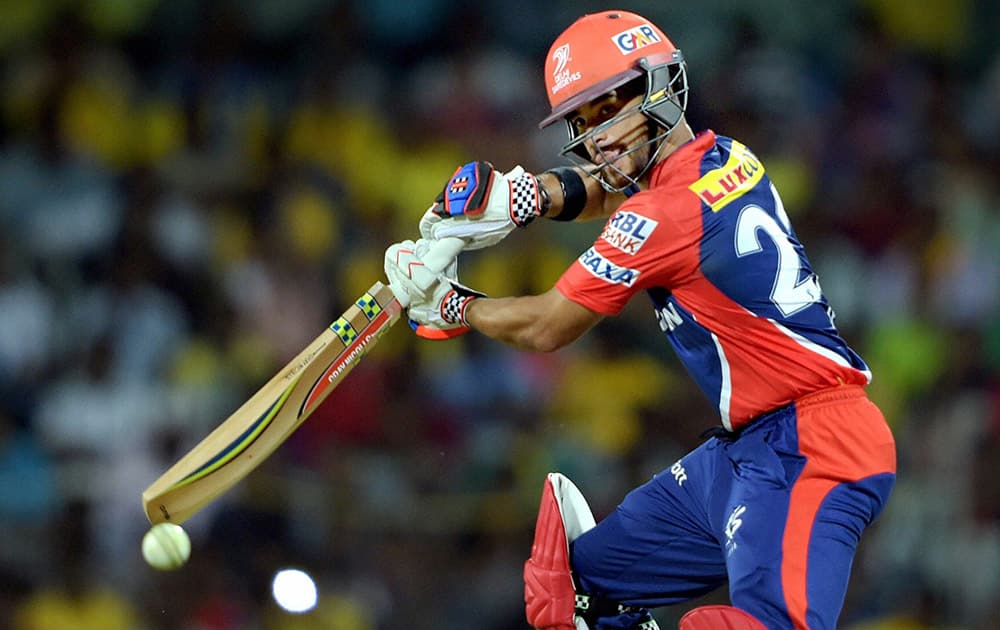 Delhi Daredevils JP Duminy plays a shot during their IPL-2015 match against Chennai Super Kings at MAC Stadium in Chennai.