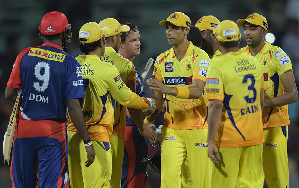 Chennai Super Kings’ players celebrating after win over Delhi Daredevils during their IPL-2015 match at MAC Stadium in Chennai.