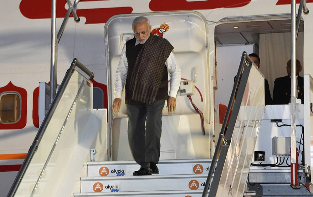 Prime Minister Narendra Modi upon his arrival at the Paris Orly International airport in France.