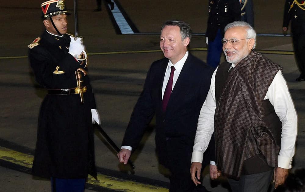 Prime Minister Narendra Modi upon his arrival at the Paris Orly International airport in France.