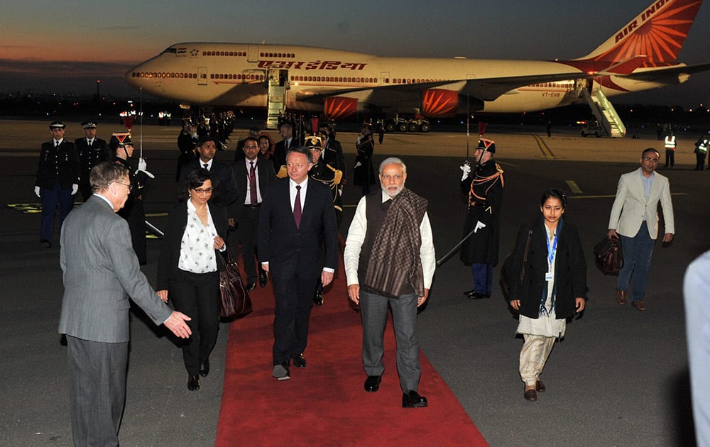 Prime Minister Narendra Modi upon his arrival at the Paris Orly International airport in France.