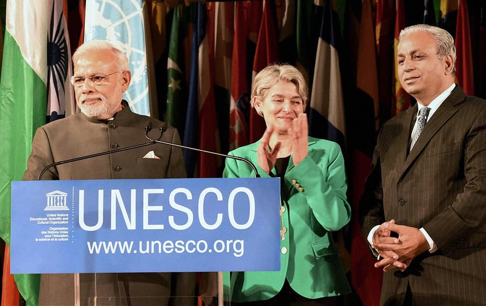 Prime Minister Narendra Modi with UNESCO Director-General Irina Bokova launching a website on Yoga at the UNESCO headquarters in Paris.