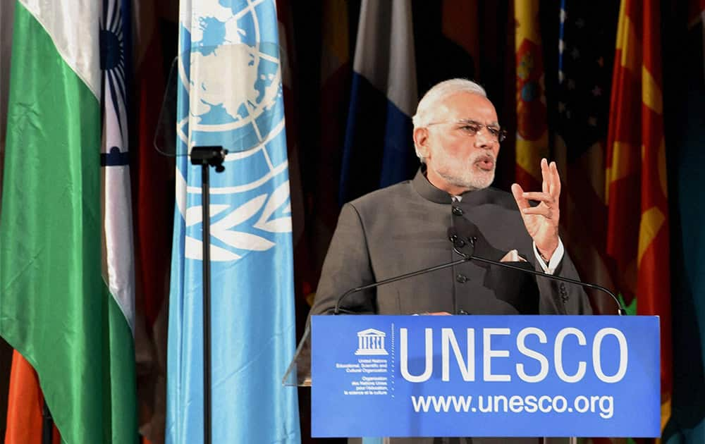 Prime Minister Narendra Modi speaks at the UNESCO headquarters in Paris.