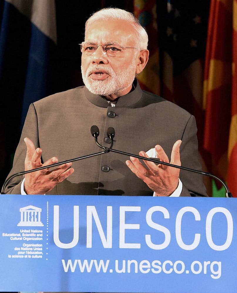 Prime Minister Narendra Modi speaks at the UNESCO headquarters in Paris.