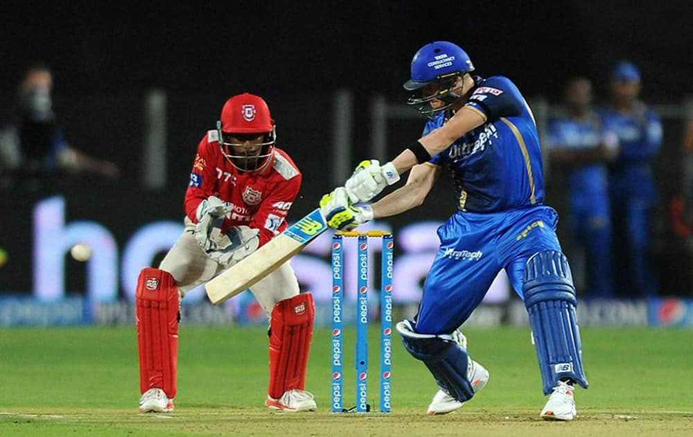 Steven Smith of Rajasthan Royals plays a shot against Kings XI Punjab during an IPL match in Pune.