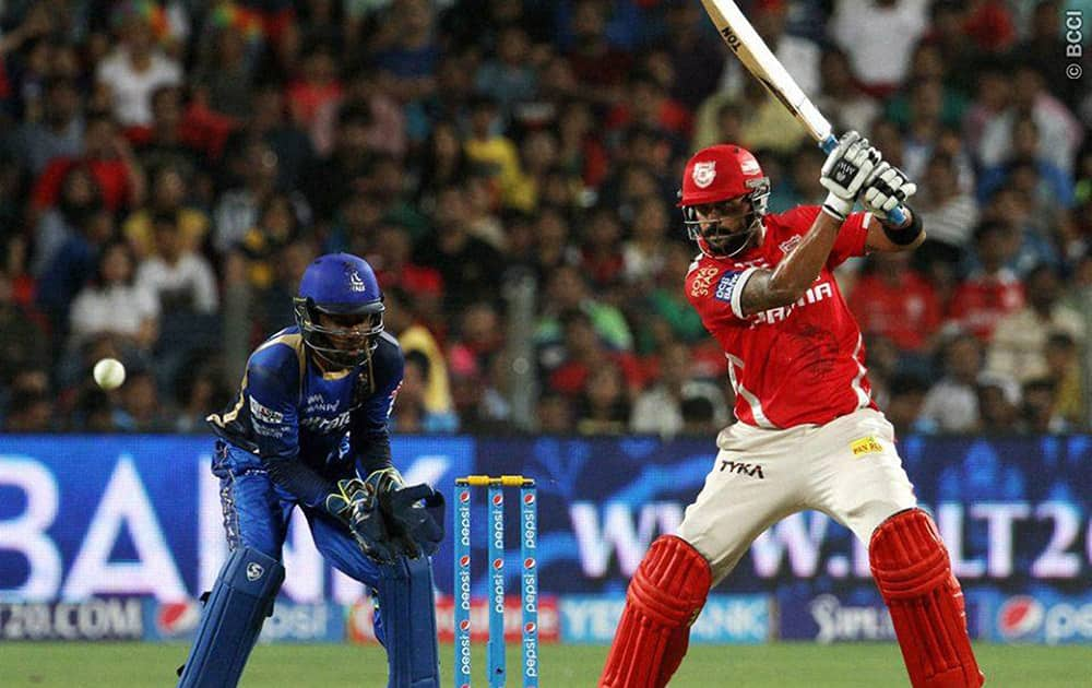 Kings XI Punjab player Murali Vijay plays a shot during the IPL 2015 match against Rajasthan Royals in Pune.