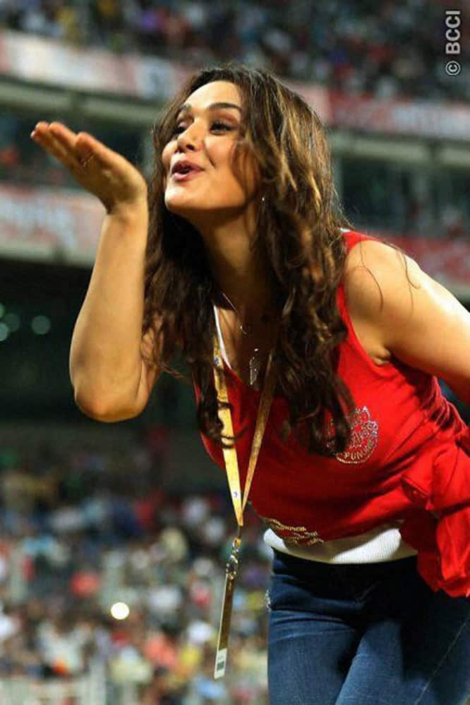 Preity Zinta owner of Kings XI Punjab during the IPL match in Pune.