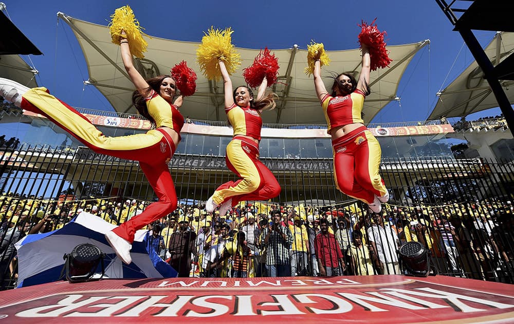 Cheerleaders of Chennai Super Kings’ perform during the IPL-2015 match against Sunrisers Hyderabad at MAC Stadium in Chennai.