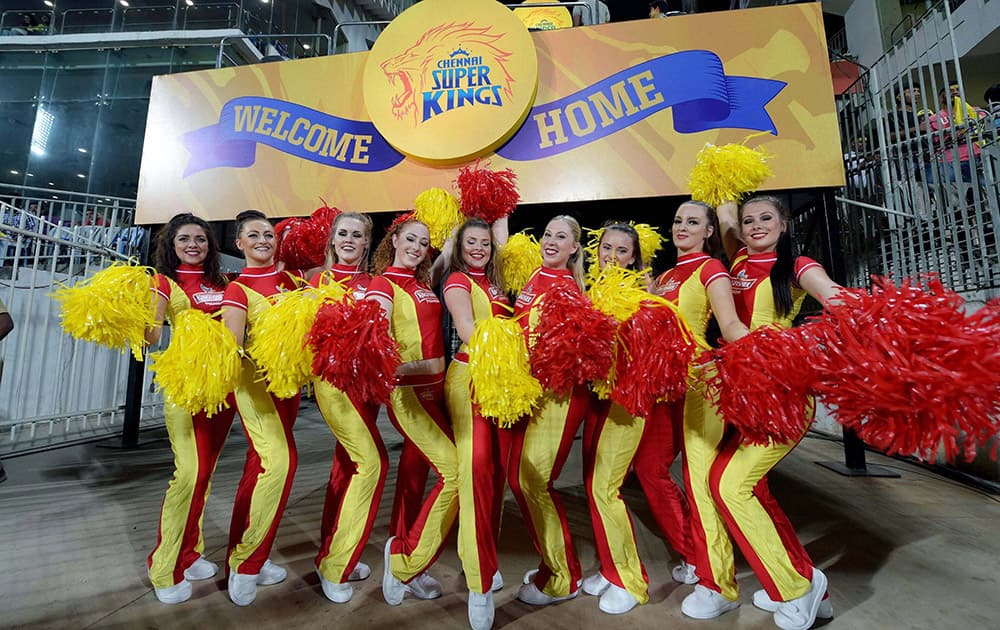 CSK cheerleaders perform during the IPL-2015 match against Delhi Daredevils at MAC Stadium in Chennai.