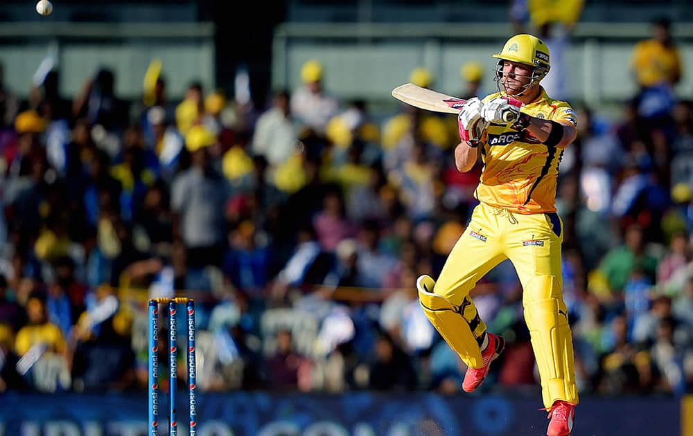 Chennai Super Kings’ opener Brendon McCullum plays a shot during their IPL-2015 match against Sunrisers Hyderabad at MAC Stadium in Chennai.