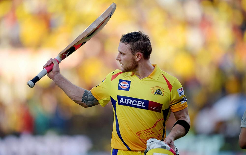 Chennai Super Kings’ opener Brendon McCullum celebrates his century during their IPL-2015 match against Sunrisers Hyderabad at MAC Stadium in Chennai.