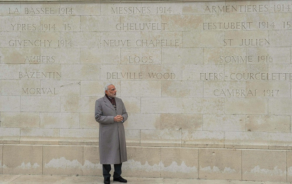  Prime Minister Narendra Modi visits the Indian Memorial at the Neuve Chapelle in France. The memorial commemorates Indians who sacrificed their lives in World War I. 