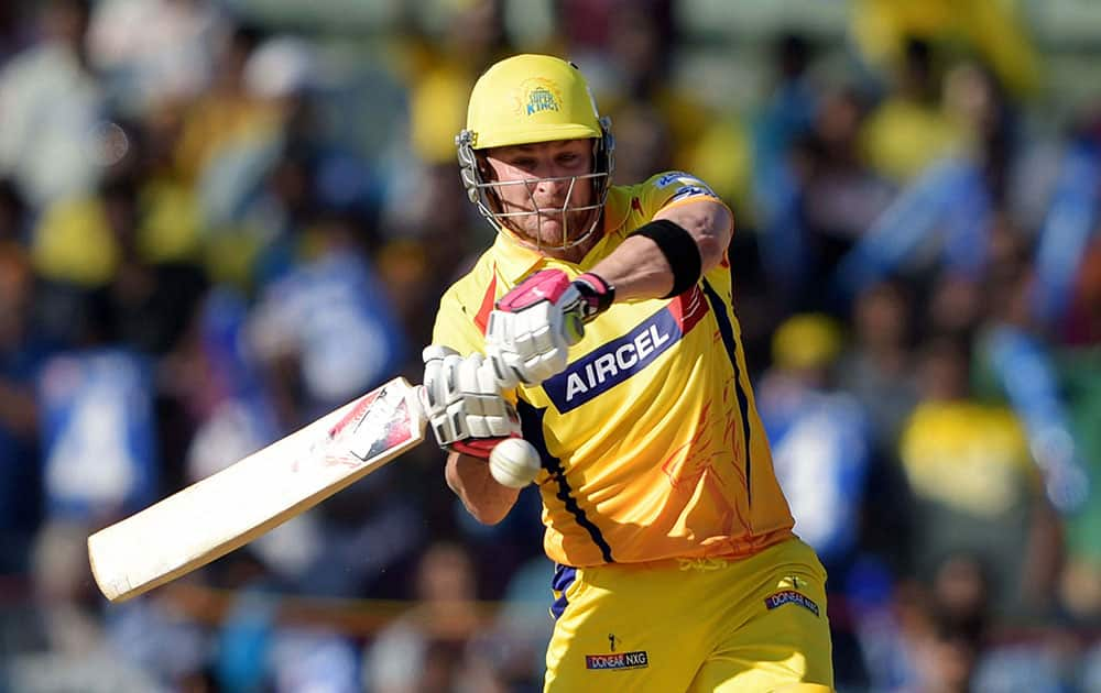 Chennai Super Kings’ opener Brendon McCullum plays a shot during their IPL-2015 match against Sunrisers Hyderabad at MAC Stadium in Chennai.