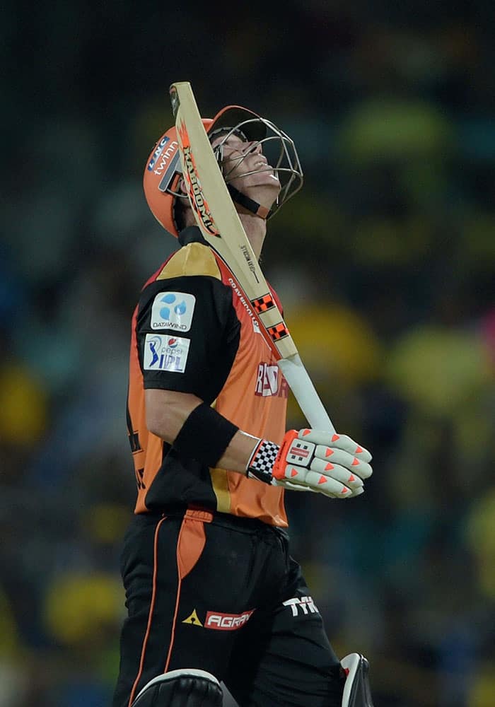 Sunrisers Hyderabad Skipper David Warner celebrating his half century during the IPL-2015 match against Chennai Super Kings at MAC Stadium in Chennai.