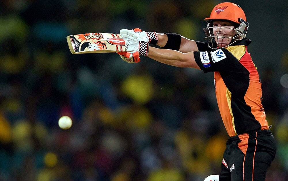 Sunrisers Hyderabad skipper David Warner plays a shot during their IPL-2015 match against Chennai.