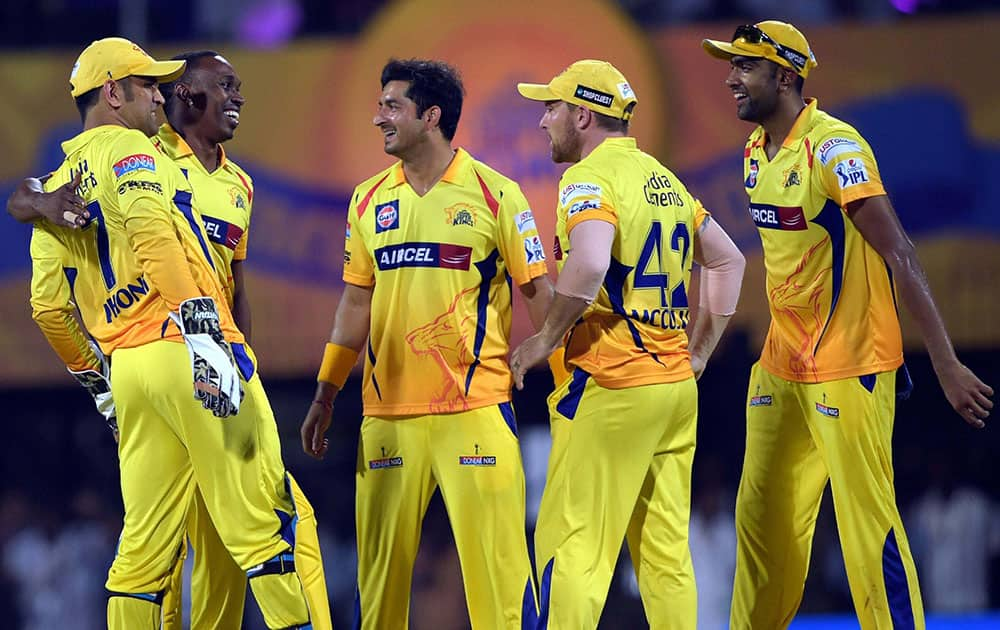 Chennai Super Kings’ players celebrates during their IPL-2015 match against Sunrisers Hyderabad at MAC Stadium in Chennai.