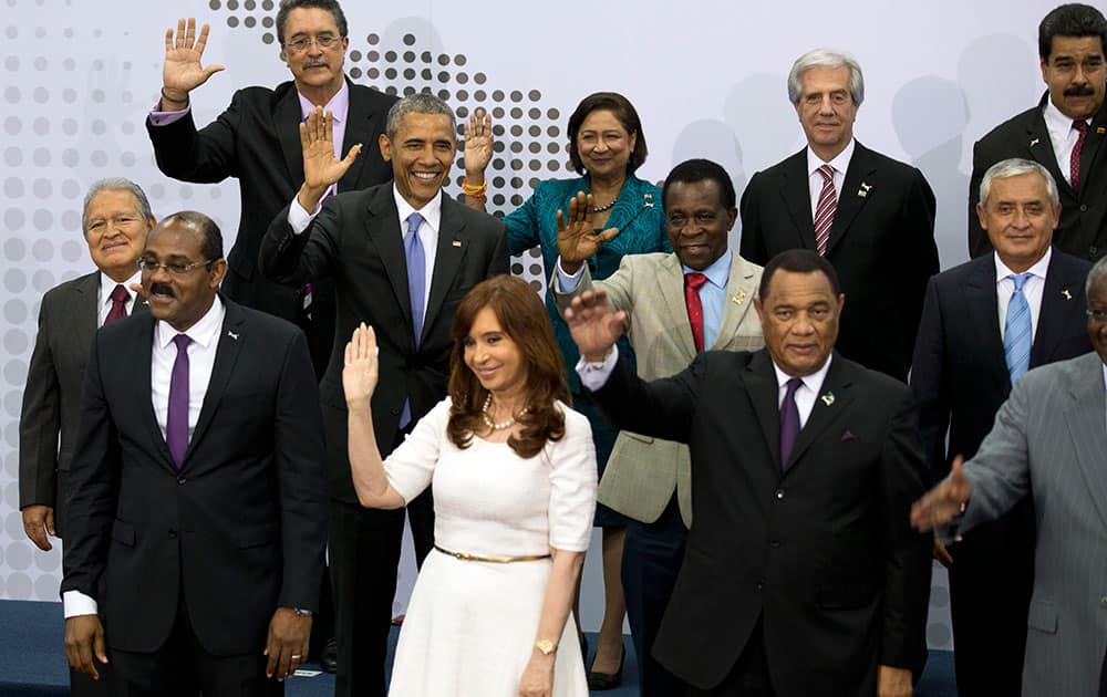 Heads of State attending the VII Summit of the Americas, pose for the official group photo, in Panama City, Panama.