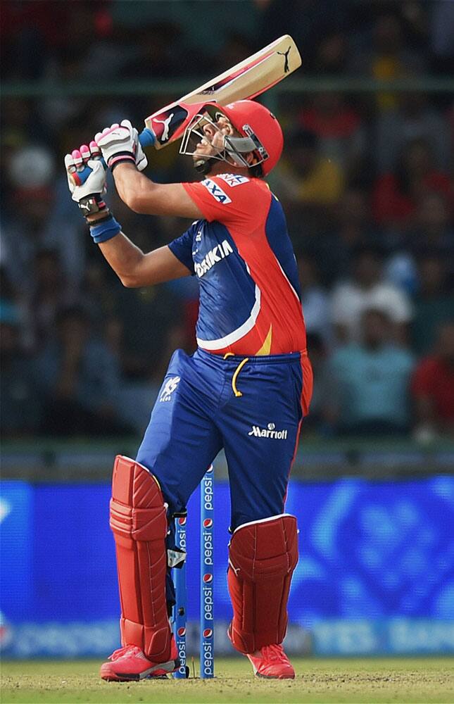  Delhi Daredevils batsman Yuvraj Singh looks on as he got caught in a shot during an IPL match against Rajasthan Royals in New Delhi.