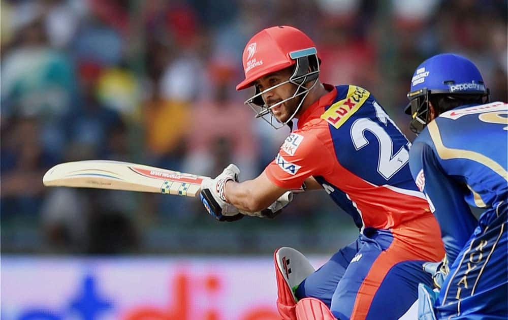 Delhi Daredevils batsman J P Duminy plays a shot during an IPL match against Rajasthan Royals in New Delhi.