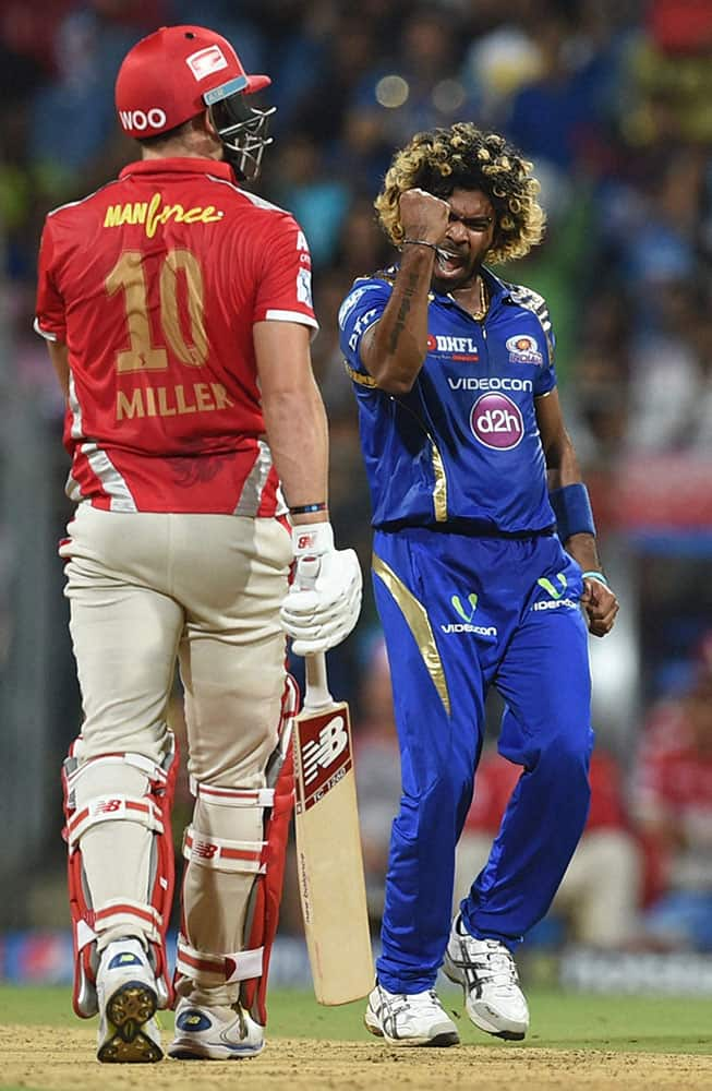 Mumbai Indians bowler Malinga celebrates the wicket of Kings XI Punjab batsman David Miller during the IPL T20 match in Mumbai.