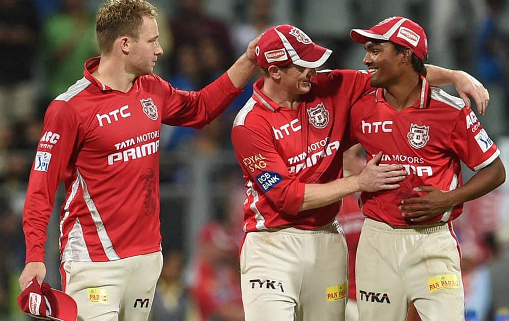 Kings XI Punjab players celebrate thier victroy against Mumbai Indians during a IPL T20 match played in Mumbai.