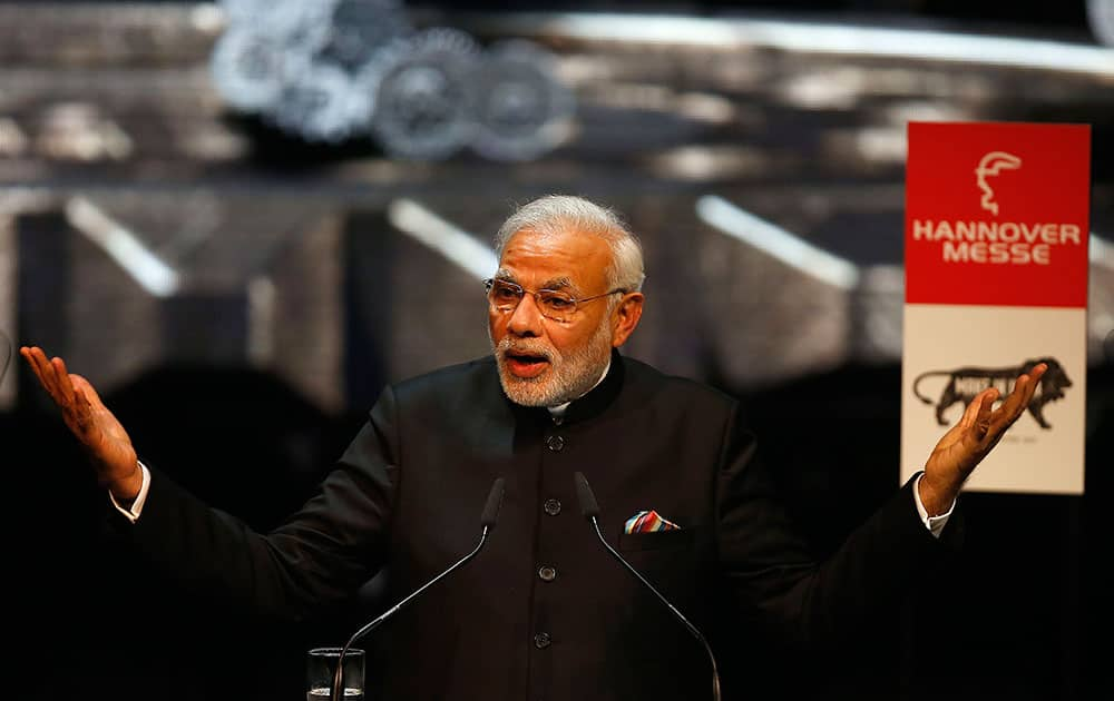 India's Prime Minister Narendra Modi speaks at the opening of the industrial fair in Hanover, Germany.