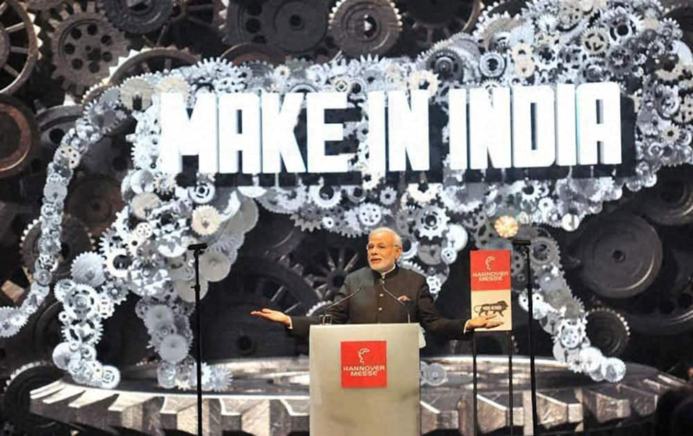 Prime Minister Narendra Modi speaks at the opening of the industrial fair in Hanover, Germany.
