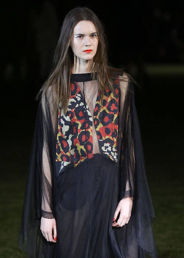 A model wears a creation from Cavalera Summer collection during the Sao Paulo Fashion Week in Sao Paulo.