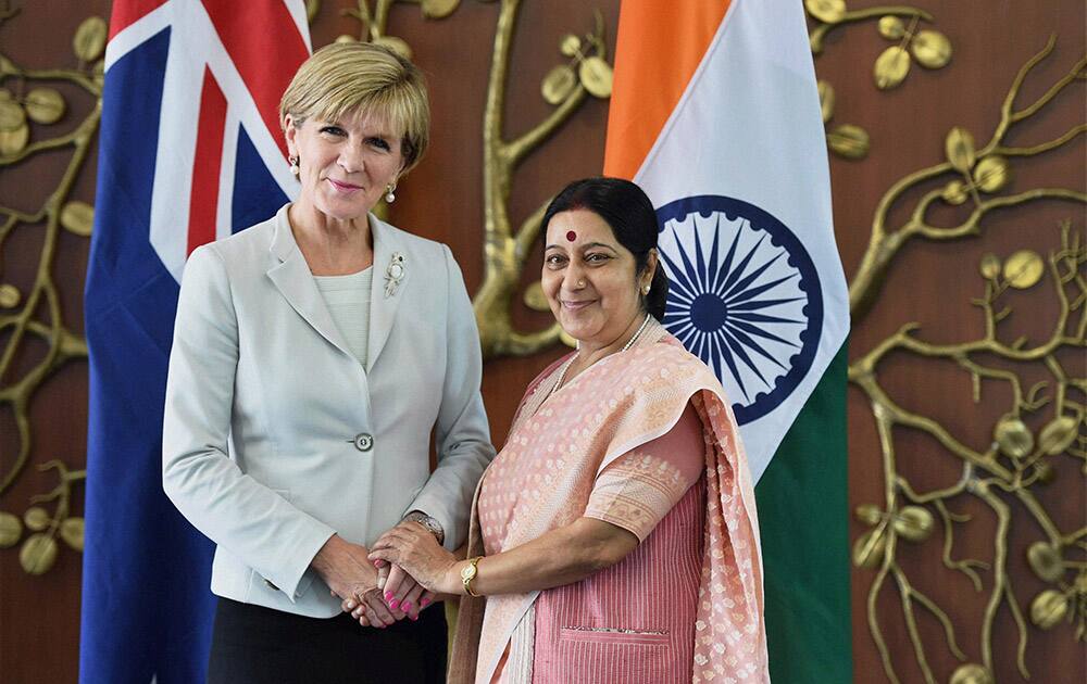 External Affairs Minister Sushma Swaraj with Foreign Minister of Australia, Julie Isabel Bishop during a meeting in New Delhi.