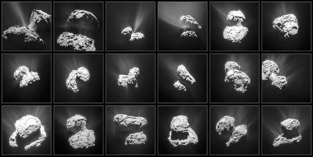 The combination of photos taken by the Navcam of the Rosetta space probe and released by the European Space Agency ESA on April 13, 2015 show the comet 67P/Churyumov-Gerasimenko from various angles between Jan. 31 and March 25, 2015.