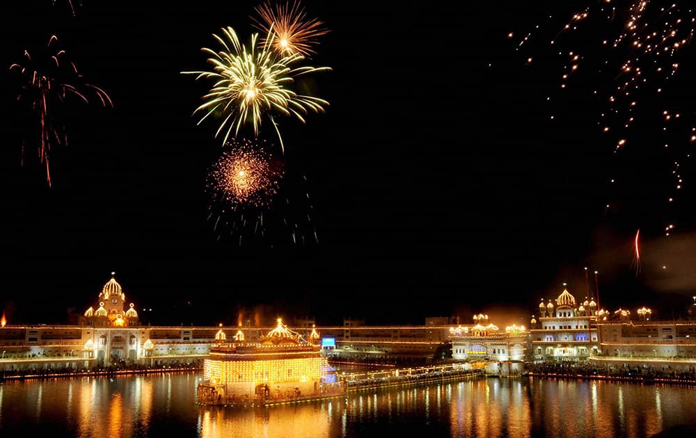 Fireworks at Golden temple on the occasion of Baisakhi festival at Amritsar.