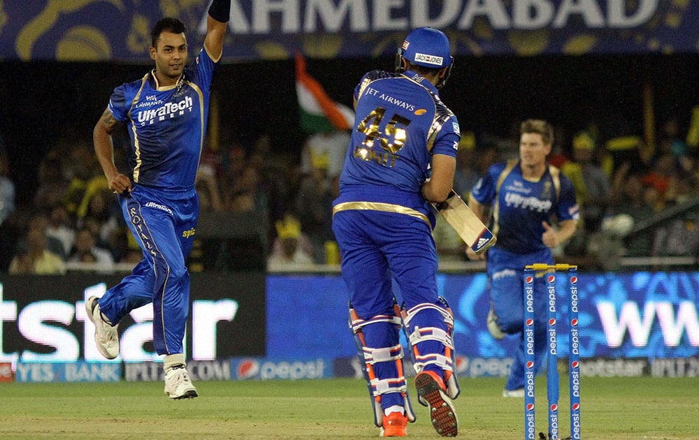 Stuart Binny of Rajasthan Royals celebrates the wicket of Rohit Sharma captain of Mumbai Indians during their IPL 2015 at the Sardar Patel Stadium in Ahmedabad