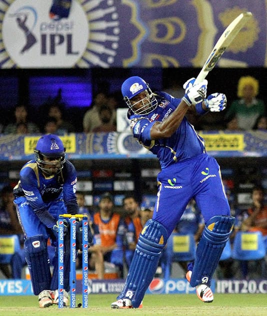 Mumbai Indians Kieron Pollard plays a shot against Rajasthan Royals during their IPL 2015 at the Sardar Patel Stadium in Ahmedabad.