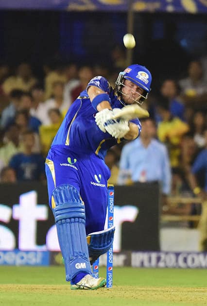 Mumbai Indians Corey Anderson plays a shot against Rajasthan Royals during their IPL 2015 at the Sardar Patel Stadium in Ahmedabad.