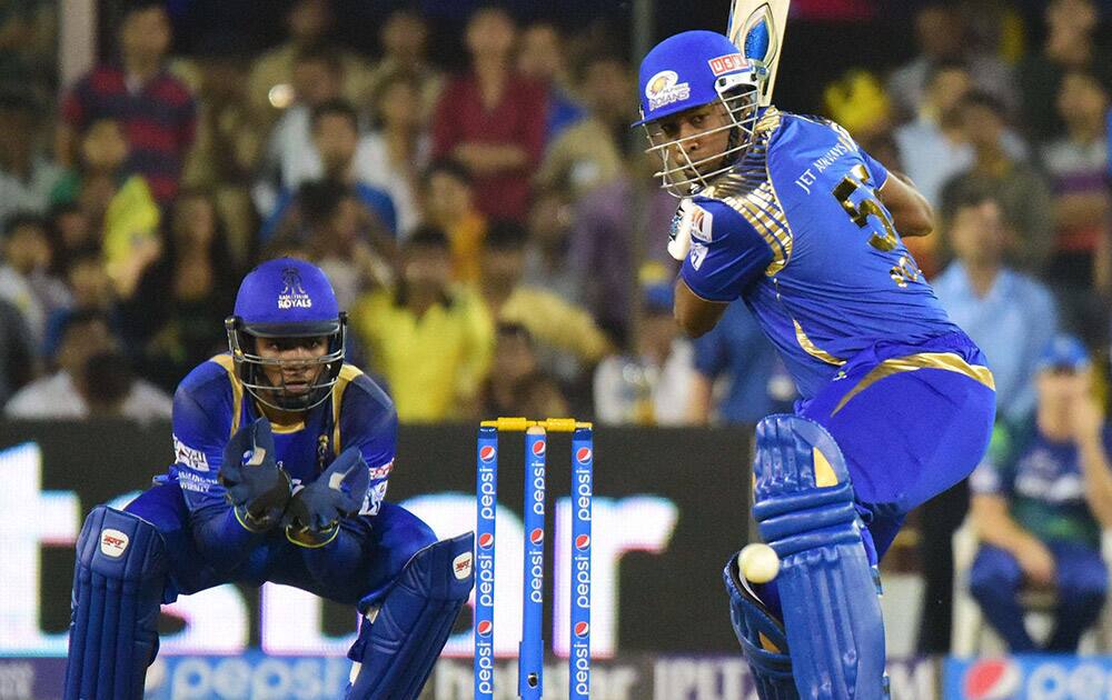 Mumbai Indians Kieron Pollard plays a shot against Rajasthan Royals during their IPL 2015 at the Sardar Patel Stadium in Ahmedabad.