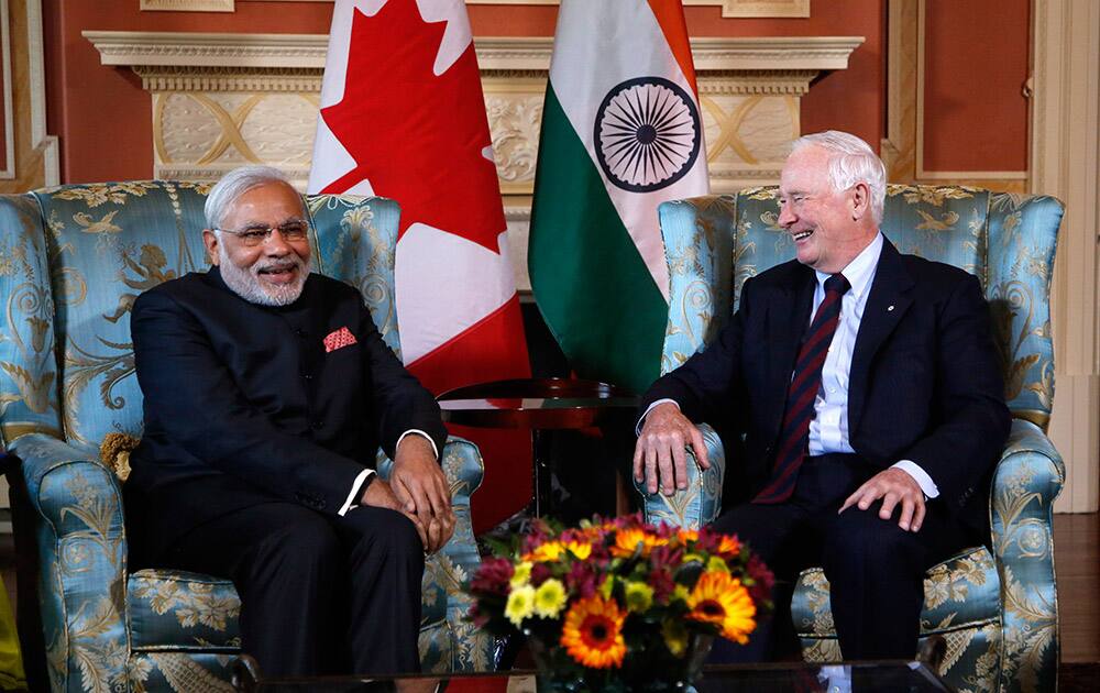 Prime Minister Narendra Modi meets with Gov. Gen. David Johnston at Rideau Hall in Ottawa.