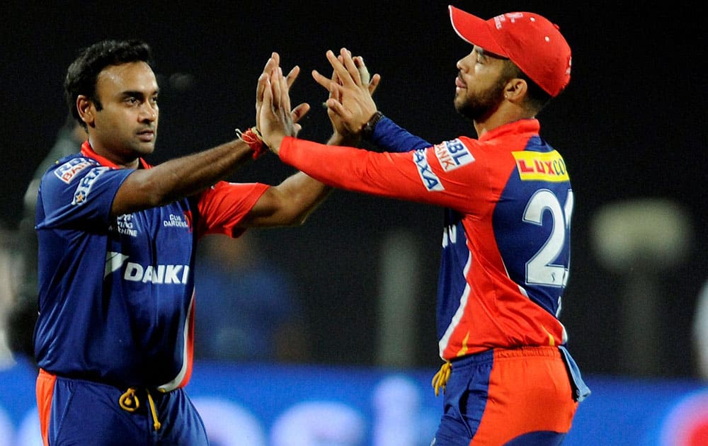 Jean-Paul Duminy captain of Delhi Daredevils celebrates the wicket of Virender Sehwag of Kings XI Punjab during an IPL t 20 match in Pune.