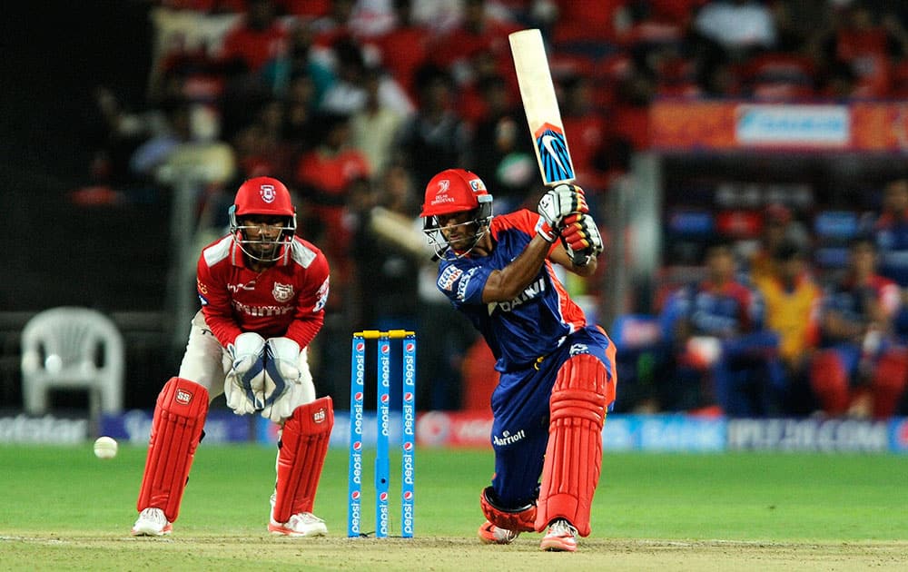 Mayank Agarwal of Delhi Daredevils plays a shot against Kings XI Punjab during an IPL T20 match in Pune.