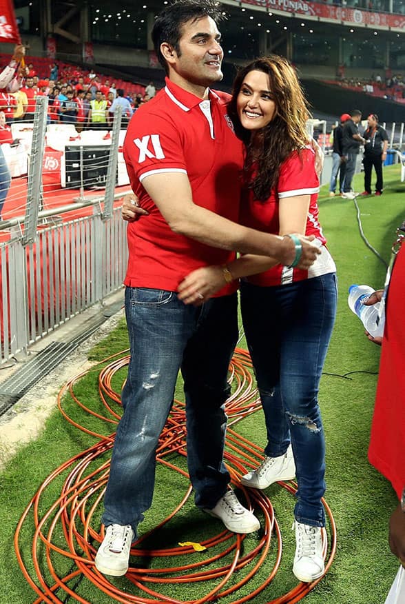 Actor Arbaaz Khan and Preity Zinta owner of Kings XI Punjab during an IPL T20 match between Delhi Daredevils and Kings XI Punjab in Pune.