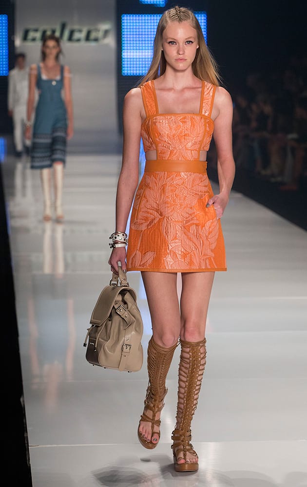 A model wears a creation from the Colcci Summer collection during the Sao Paulo Fashion Week in Sao Paulo, Brazil.